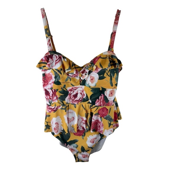 Torrid Wireless Lattice front Peplum one piece swimsuit in yellow floral - Picture 5 of 9